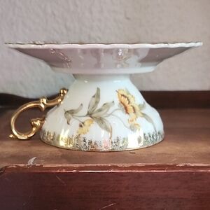Upcycled Vintage Floral China Pedestal Dish with Gold Accents